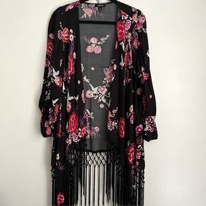 Torrid Floral Fringe Kimono 1x Black Tab 3/4 Sleeve